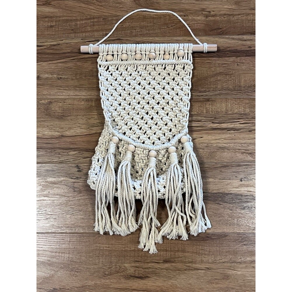 Macrame Wall Hanging Decor Pocket Fringe Storage Boho Wooden Bead Rope 16”x12”